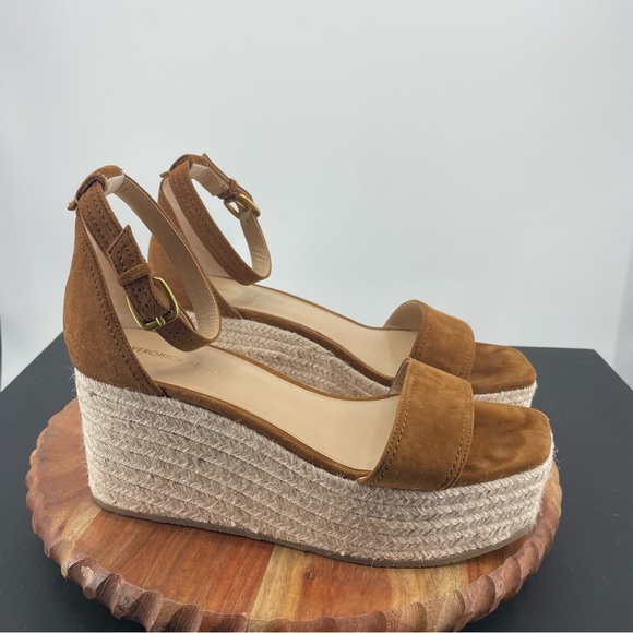 Veronica Beard Gianna Raffia espadrilles platform Sandals Sz 10 caramel leather - Picture 2 of 9